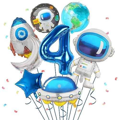 4. Geburtstag Junge, Geburtstagsdeko 4 Jahre Junge, 8 Stück Weltraum-Ballons Astronauten Raketen Ballon Raumschiff Ballon für Jungen Kindergeburtstag Dekorationen Universum Party Babyparty Zubehör