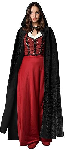 AOOWU Schwarzer Umhang, Mittelalter Umhang Kapuzenumhang, Herren Damen Halloween Umhang mit Kapuze, Umhang kostüm Cape Satin Erwachsene, Umhang Kostüm Mantel für Halloween Weihnachten Karneval Kostüm