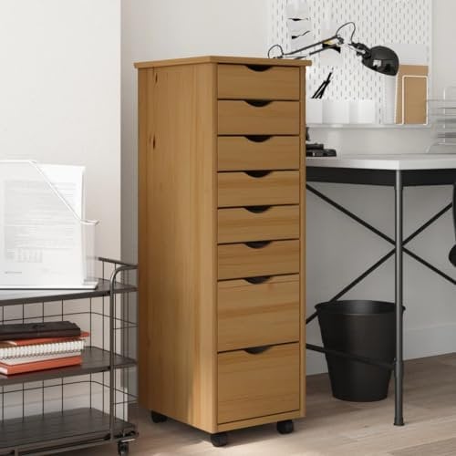 Festnight Rollcontainer Schreibtisch Rollschrank Aktenschrank Mit 8 Schubladen Moss Bürocontainer mit Schubladen Honigbraun Büro Rollschrank Schubladenschrank Beistellschrank Massivholz Kiefer