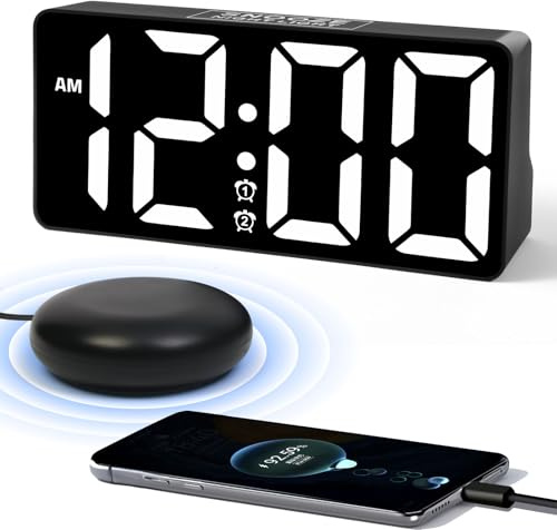 PPLEE Loud Alarm Clock for Bedroom, Vibrating Digital Clock with Bed Shaker for Heavy-Sleeper, Large Dimmable LED Number Clock with Dual Alarm&USB Port,Table Clock for Kid Hearing Impaired Deaf Senior