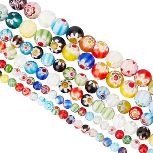 OLYCRAFT Millefiori-Glasperlen, Mundgeblasen, 212-218 Stück, 4 mm, 6 mm, 8 mm, Runde Glasperlen, 1 mm, Gemischte Farben, Mosaikperlen für Schmuckherstellung