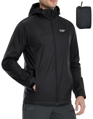 Pioneer Camp Veste de pluie pour homme, imperméable, respirante, légère, coupe-vent, pliable, avec poches zippées et capuche, Noir , XXL
