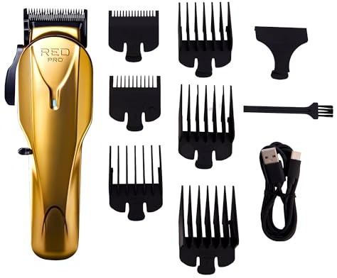 RED Pro Professional Cordless Hair Clipper for Men, Electric Rechargeable Hair Clipper Set for Barbers and Stylists with Up to 150 Minutes Battery Life, 6 Clippers Guide Included (Matte Gold)
