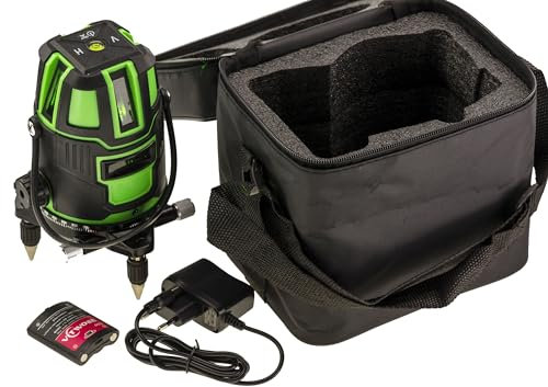 KALEA-INFORMATIQUE Nivel láser de base giratoria, 5 líneas verticales y horizontales, líneas verdes visibles en interiores y exteriores. Con 2 pilas y accesorios