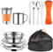 MeYuxg Stainless Steel Camping Cutlery, 10-Piece Camping Tableware Set, 1-2 People, Outdoor Travel Cutlery with Plate, Bowl, Cup, Fork, Spoon and Cutlery Bag, for Camping, Picnic, Hiking (Orange)