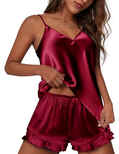 Ekouaer Ensemble de Pyjama pour Femme en Satin de Soie pour Toutes Les Saisons Pyjama en Satin de Soie pour Femme,Vin Rouge,M