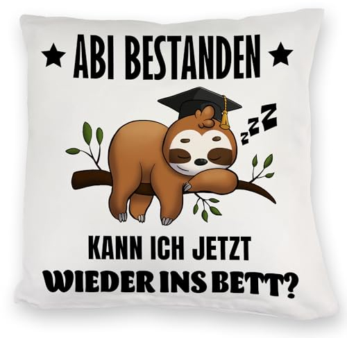 speecheese Abi bestanden Faultier Kuschelkissen mit Spruch zurück ins Bett Faultier-Design für Abiturienten - Faul nach der Prüfung Schule Abschluss geschafft