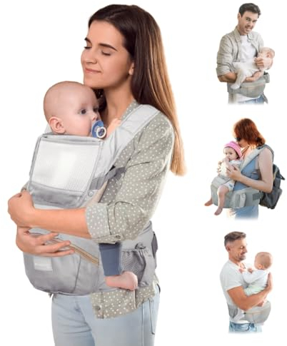 Mobiclinic® kids, Babytrage, 6 in 1, Moley, Mehrpositionale, Faltbar, Reißverschlusstasche, Flaschenhalter, Weiches premium-baumwolle, 0-36 monate, Für neugeborene und kinder (grau)