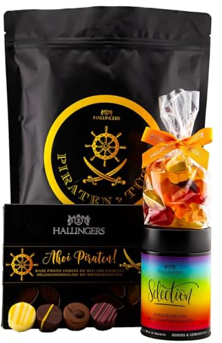 Hallingers Genuss Manufaktur Feinkost Geschenk-Set - XXL-Wundertüte Piraten Tüte großes Mitbringsel Tafel Schokolade, Pralinen & große Fruchtsaftbärchen, Geschenkidee für Jungen