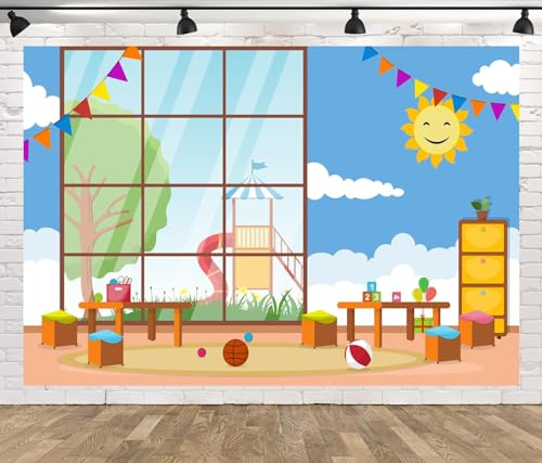 CORFOTO 5x3ft Kindergarten Klassenzimmer Hintergrund Kinder Vorschulspielzeug Cartoon Kinder Klassenzimmer Fotografie Hintergrund Sonne Blauer Himmel Online-Unterricht Hintergrund Requisiten