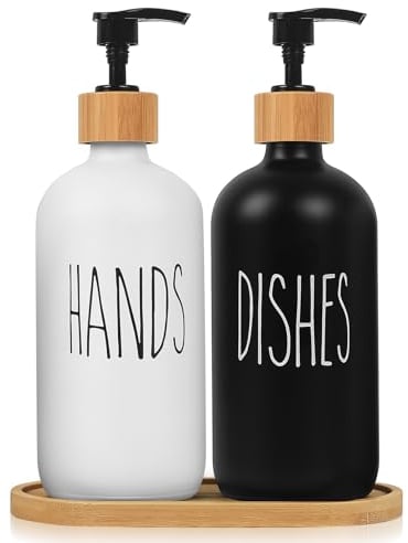 2 Pcs 500ML Distributeur de Savon Liquide de Cuisine, Flacon Pompe Vide en Verre, Distributeur Shampoing et Gel Douche, Bouteilles en Verre Distributeur Liquide Vaisselle pour Savon Lotions