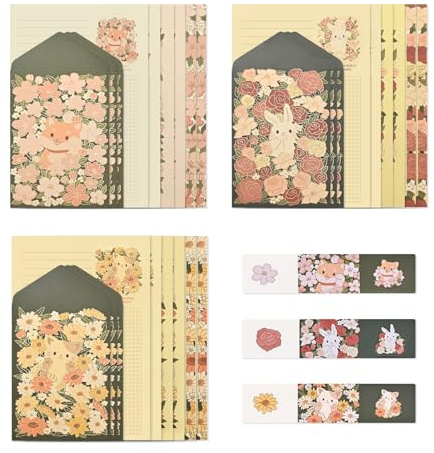 BAYTORY Briefpapier-Set, Niedliche Tiermuster, A5, 18 Bögen + 9 Umschläge + 9 Siegelaufkleber, Zeitgenössisch, Hund, Kaninchen, Katze