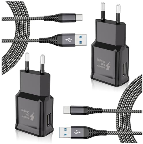 2-Pack Caricatore USB Ricarica Rapida 15W Caricabatterie per Samsung Galaxy A13 A14 A15 A23 A25 A33 A34 A35 A40 A52 A53 A55 S8 S9 S10 S20 Plus M55 M34 M33 M15, Alimentatore con Nylon Cavo USB C 2M