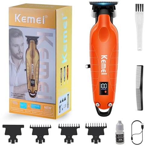 KEMEI 2293 Professioneller Haar-/Bartschneider für Männer | Zero Gapped-Haarschneider für Friseure mit T-Klinge, kabellos, wiederaufladbar, Orange