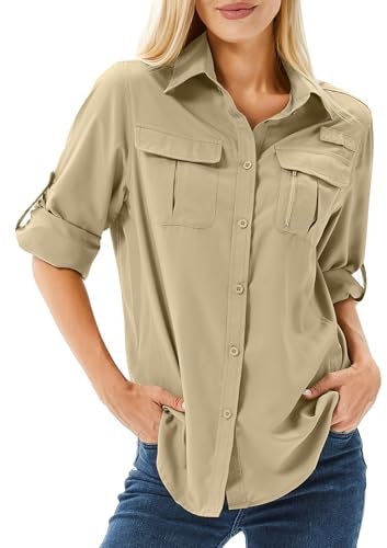 Women's UPF 50 Shirts Long Sleeve Sun Protection UV Quick Dry Casual Outdoor Safari Walking Fishing Hiking Travel Shirts(Khaki-XL)