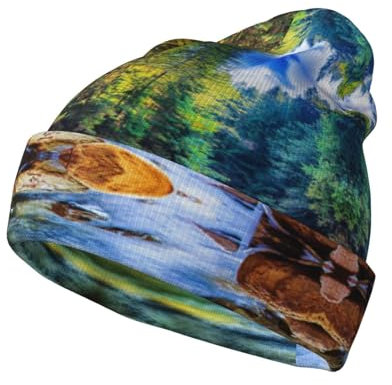 Mountain and Lake Beanie-Mütze für Damen und Herren, bedruckt, warm, bequem, atmungsaktiv, weich, für draußen, Schwarz, Schwarz , Einheitsgröße
