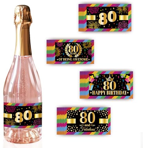 PH PandaHall 80th Birthday Wine Bottle Labels, 80th Milestone Birthday Anniversary Bottle Stickers Adhesive Waterproof Labels Decorative Bottle Wraps for 80th Birthday Party, 9x5cm, 40pcs