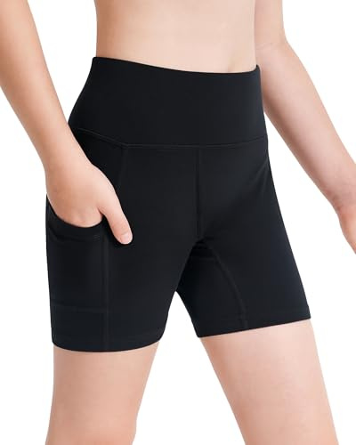 Stelle Girls 4 Bike Volleyball Shorts with Pockets Youth Athletic Yoga Dance Gymnastics Compression(Black,M)
