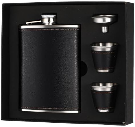 Domensi 6 Set Hip Flask Gift Set Flask for Liquor for Men with Black Leather Cover 8 oz Hip Flask Set 18/8 Stainless Steel Hip Flasks with 2 Cups & Funnel for Men Gift Box, Camping, Wedding Party