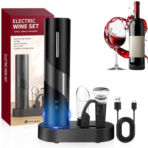Hotec Tire-bouchon électrique - Décapsuleur automatique - Idée cadeau - Décapsuleur de vin - Tire-bouchon de vin avec coupe-capsule - Câble USB - Bec verseur - Bouchon sous vide
