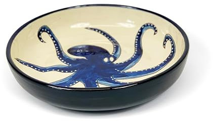 Verano Spanish Ceramics Signature Blue & White Octopus Food Fruit Salad Pasta Wide Bowls - Home Kitchen Dining Dinner Party Decorative Dishware - 27cm Blue Octopus