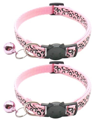 Reflektierend Katzenhalsband mit Sicherheitsverschluss und Glöckchen, 2-Stück Verstellbar Halsband Katze Kitten, 19-32cm (Rosa)