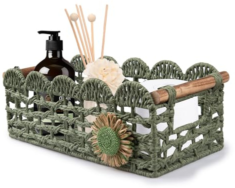 Round Paper Rope Storage Basket Wicker Baskets for Organizing with Handle Decorative Storage Bins for Countertop Toilet Paper Basket for Toilet Tank Top Small Baskets