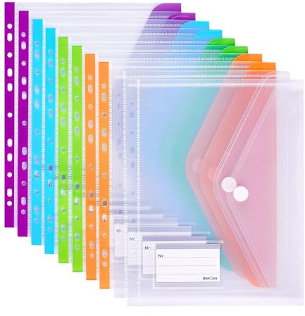 Donken Dokumententasche A4, Abheftbar, Bunte & Transparent Mappen, 10 Stück | 18C PP, Wasserabweisend, Klettverschluss, Etikettentasche, 11-Lochung, Durchsichtig Wiederverwendbar für Büro Schule