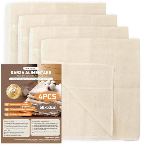 Aerzouser Passiertuch 4 Stück– 100% Baumwolle ungebleicht – 50×50 cm Filtertuch wiederverwendbar & zuschneidbar – für Nussmilch, Saft, Käse, Joghurt, Etamine alimentaire (4 Stück)
