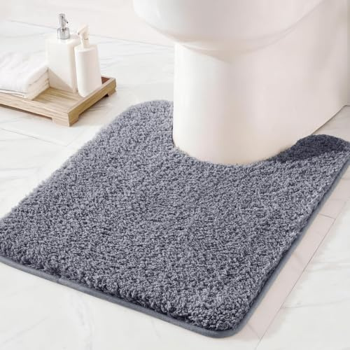 Exclusivo Mezcla Toilet Pedestal Mat, Non Slip Absorbent, U-Shape 50x60cm | Extra Soft Microfiber Shaggy Toilet Mat, Machine Washable Quick Dry Toilet Rug for Bathroom, Toilet Base, Solid Grey