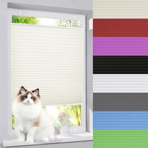 GXXINGIN Custom Fit Pleated Window Blind 85 x 170 cm, Easy Install No Drill Pleated Shade for Windows & Doors, Beige, Foldable, Perfect for Home Decor