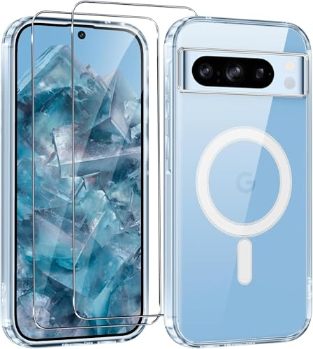 Yoedge Magnetica Cover per Google Pixel 8 Pro 5G 6,7 [Compatibile con MagSafe], Trasparente Custodia con 2 Pellicola Vetro Temperato Protettiva, Silicone TPU Antiurto Bumper Case per Google 8 Pro