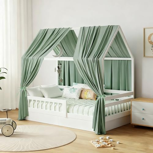 GFCC Ciel de Lit Cabane Ensemble de Décoration 2 Pièces 125 x 350 cm Vert | Rideaux Lit Cabane Enfant Baldaquin Ciel en Tissu de Maison Chambre pour Fille Garçon