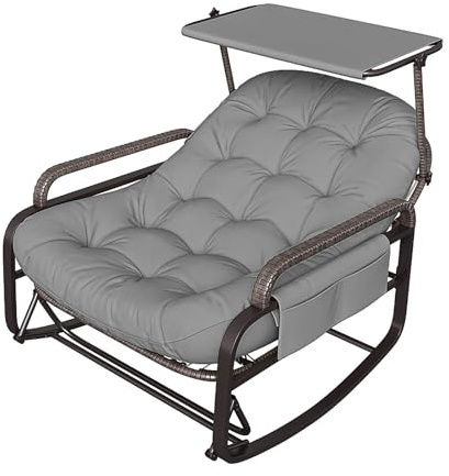 ADFUNIT Garten-Schaukelstuhl aus Rattan – verstellbare Rückenlehne, verstellbares Sonnendach, klappbare Fußstütze und gepolstertes Kissen, Relaxsessel für Outdoor/Terrasse/Veranda, grau