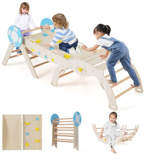 COSTWAY 7 in 1 Set da Arrampicata per Bambini, Giochi da Arrampicata con Scivolo, Scala e Arco, Set Montessori in Legno con Gioco del Labirinto, Pieghevole, 1 Anni + (Marinaio 3 pezzi, Naturale)