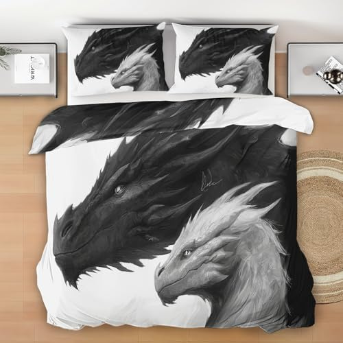 Generisch Drachen Bettwäsche 135x200, 2 Teilig Bettbezug, Mythisches Wesen Mikrofaser Bettwäsche-Set mit 1 Kissenbezüge 80x80 cm, Schwarz Weiß Deckenbezug mit Reißverschluss L153y