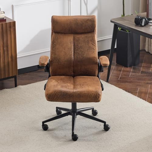 Bonnlo Chaise de Bureau, Fauteuil avec Accoudoir Pliables, Siège avec Mécanisme à Bascule, Fauteuil Bureau avec roulettes Pivotantes (Tissu, Marron)