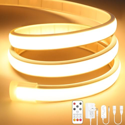 Lamomo COB LED Strip Light 5M, Warm White Dimmable Neon Rope with Remote | Adhesive,IP65 Waterproof,Quick Connect,Flexible Silicone,3000K,Cuttable for Bedroom,Kitchen,Outdoor,24V,CRI 90+,10mm Width
