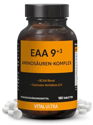 Vital Ultra EAA 9+³ Aminosäuren-Komplex – 180 vegane Tabletten mit 12 verschiedenen Aminos im optimalen Verhältnis von 2:1:1 (MAP-Formel) – glutenfrei