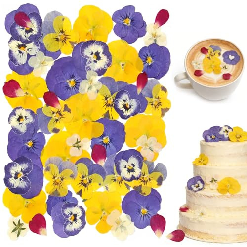 Nymora 48 Stück getrocknete Blüten Tortendeko, Stiefmütterchen Deko für Kuchen, Mix aus Blumen für Torte und DIY-Kunsthandwerk