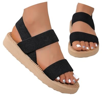 Women's Flat Summer Sandals Comfortable Open Toe Slippers Wide Fit Casual Beach Flip Flops Elasticated Strap Sandalettes Outdoor Sport Platform Sandals Leisure Holiday Shoes for Wide Feet