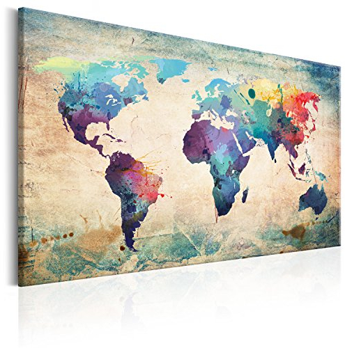 Pinnwand B&D XXL - Weltkarte Pinnwand & Vlies Leinwandbild 120x80 cm - 1 Teilig - Kunstdruck modern Wandbilder XXL Wanddekoration Design Wand Bild - Kontinent Landkarte Karte Reise bunt