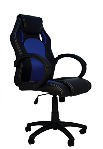 Silla de Estudio Juvenil Tipo Gaming con Asiento Mixto símil Piel-Textil y Base de Nylon, Color Negro y Azul. Modelo Madrid