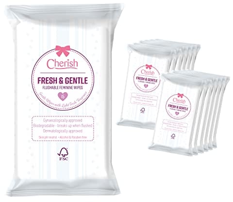 Cherish Flushable, Biodegradable Fresh & Gentle Intimate Hygiene Wipes, Balances PH (12 packs x 15 wipes totaling 180 wipes)