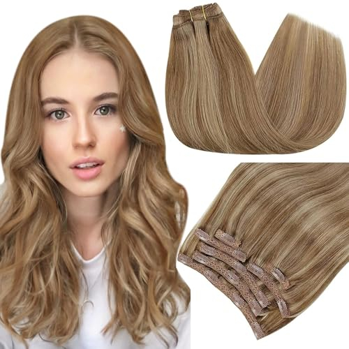 RUNATURE Echthaar Extensions Clip Braun Blond 30cm Echte Haare 7Pcs 80g Clip in Extensions Echthaar Dunkelblond Hervorheben Goldblond Extensions Echthaar Clip Seamless #10P16