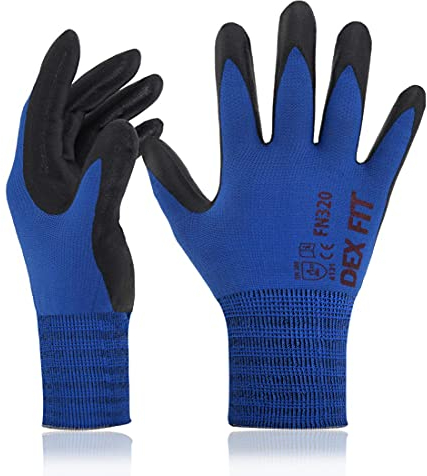 DEX FIT Premium Nylon Nitril Arbeitshandschuhe FN320; 3D-Komfort, Dehnbare Passform, Griff, Dünne, Leichte Arbeitshandschuhe, Langlebig, Atmungsaktiv, Kühl, Waschbar; Blau XL (10) 12 Paare