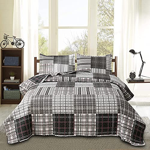 Plaid Quilt Set Bettwäsche Twin Size Patchwork Bettwäsche Wendbare Plaid Tagesdecke Decke Herren Steppdecke Bettwäsche Schwarz Weiß Grau Streifen Plaid Bettbezug Bettwäsche-Set für alle Jahreszeiten