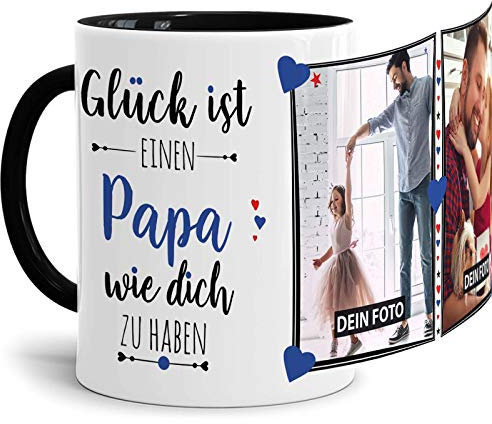 Tassendruck Keramik ,Fototasse mit Spruch für Papa - Glück ist, jemanden wie Dich zu haben - zum Selbst gestalten mit 2 Fotos, Innen & Henkel Schwarz, 300 ml