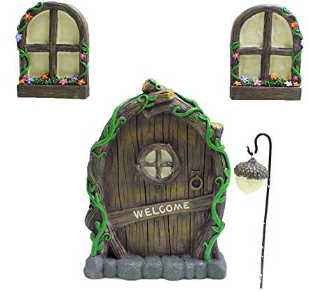 Miniature Fairy Tree Door with Two Glow Windows, Waterproof Door and Windows Tree Statues Mystical Garden Glow Sculptures for Yard Lawn Art Decoration