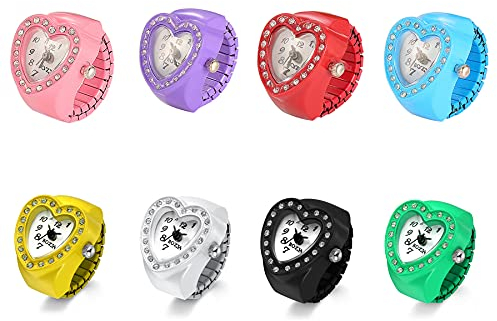 JewelryWe 8PCS Damen Ringuhr Fingeruhr Analog Quarzuhr Elastisch Herz Ring Uhr Uhrenring für Mädchen Weiß Schwarz Rot